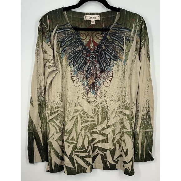 Decree XL Long Sleeve Statement Graphic Top Green Cream Bamboo Nature Print - Picture 2 of 8